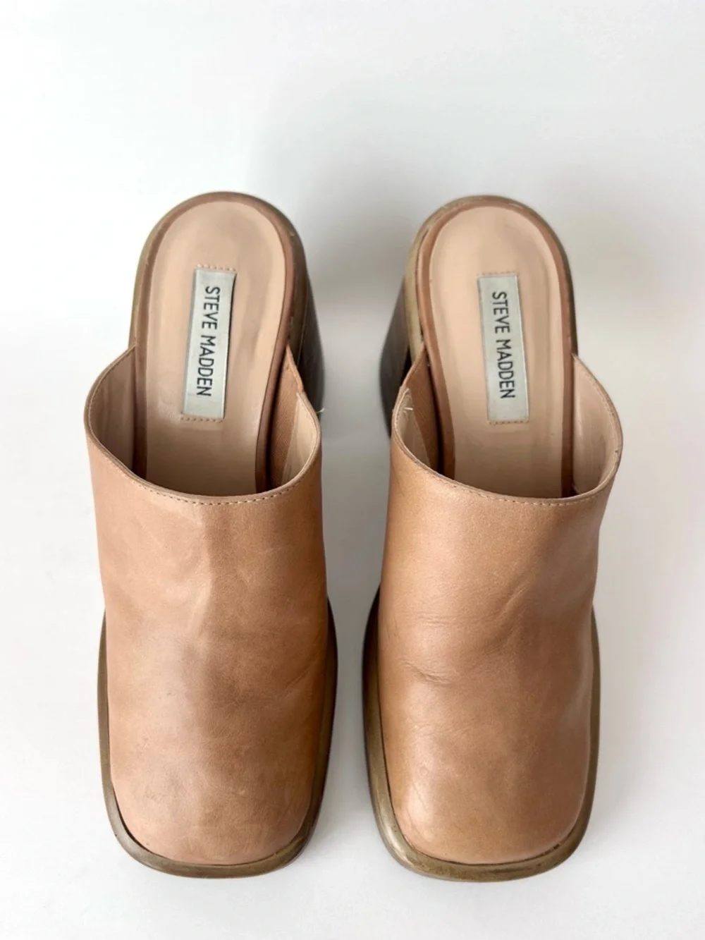 Steve Madden Flirtie Tan Leather Clogs Platform Mules Size 8 Square Toe 90s